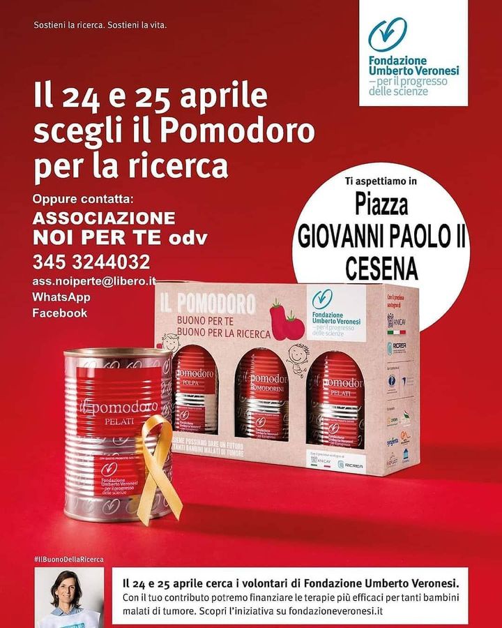 Locandina della raccolta fondi Il Pomodoro della Ricerca con i volontari in piazza a Cesena