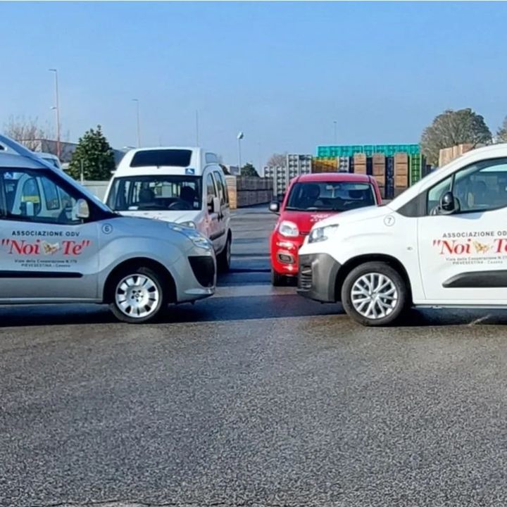 Tre pulmini attrezzati per il trasporto di persone in carrozzina, allineati nel piazzale