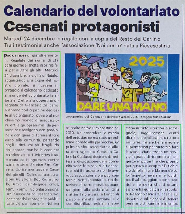 Ritaglio del Resto del Carlino sul Calendario del volontariato 2025 con l'associazione Noi per Te
